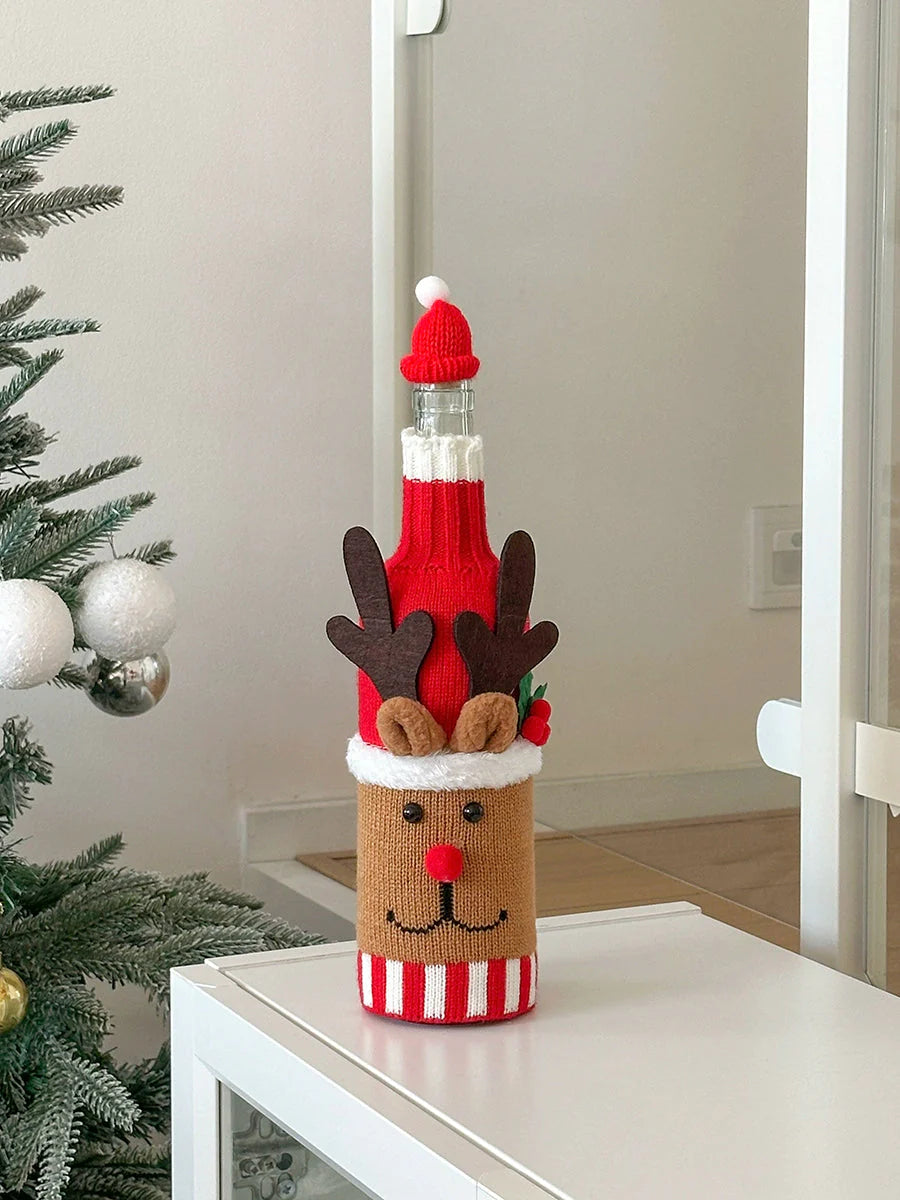 Christmas Wine Bottle Cover – Santa & Reindeer Holiday Wine Decoration Set