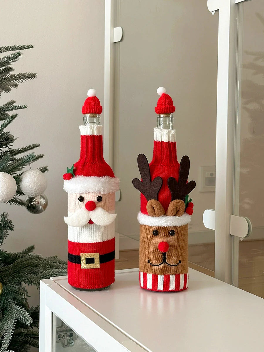 Christmas Wine Bottle Cover – Santa & Reindeer Holiday Wine Decoration Set